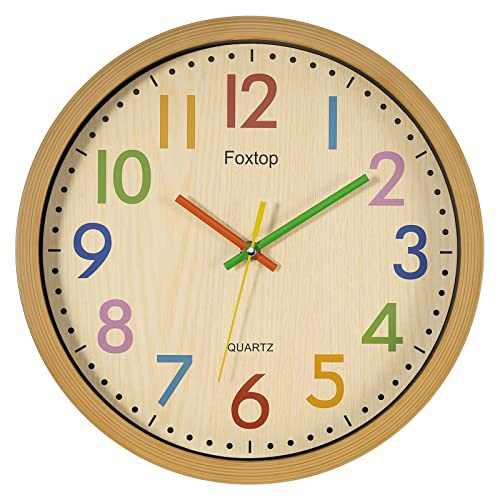 Foxtop Silent Kids Wall Clock 12 Inch Non-Ticking Battery Operated Colorful Childrens Clock for Clas | Amazon (US)