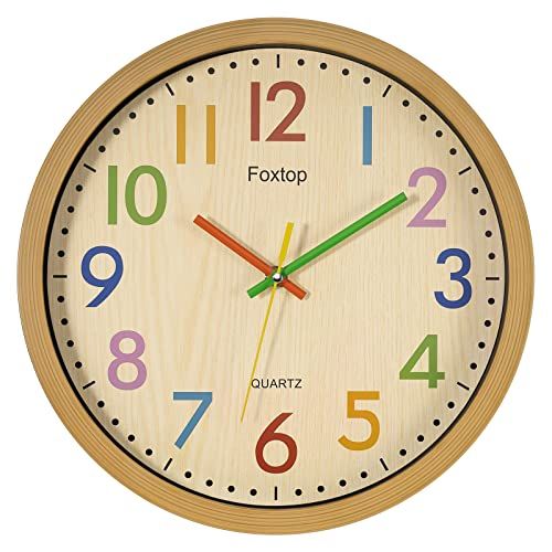 Foxtop Silent Kids Wall Clock 12 Inch Non-Ticking Battery Operated Colorful Childrens Clock for Clas | Amazon (US)
