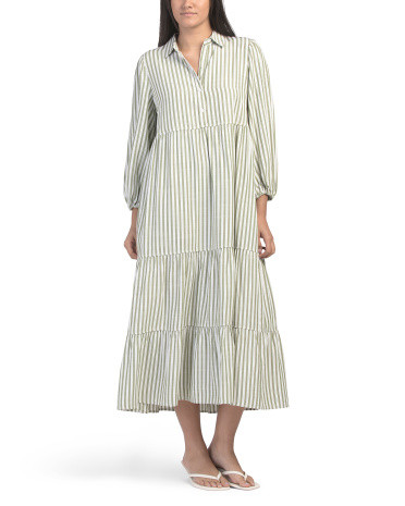 Three-quarter Sleeve Collared Button Front Tiered Midi Dress | TJ Maxx