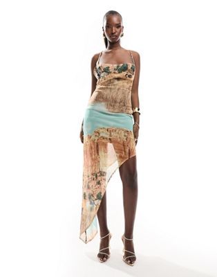 ASOS DESIGN strappy cami asymmetric hem midi dress in western print | ASOS (Global)