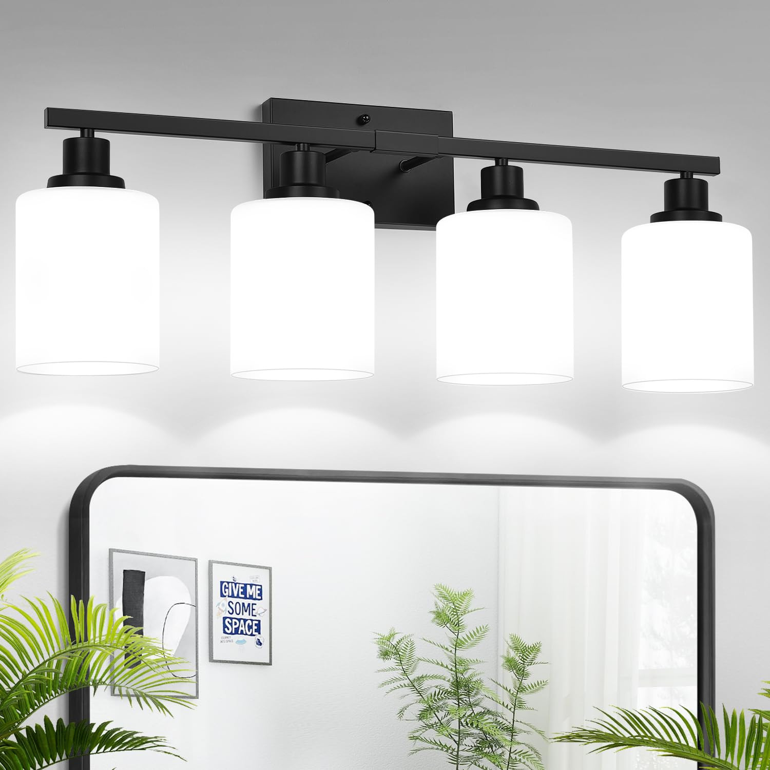 4-Light Bathroom Light Fixtures, Vanity Light with Milky White Shades, Matte Black Bathroom Light... | Amazon (US)