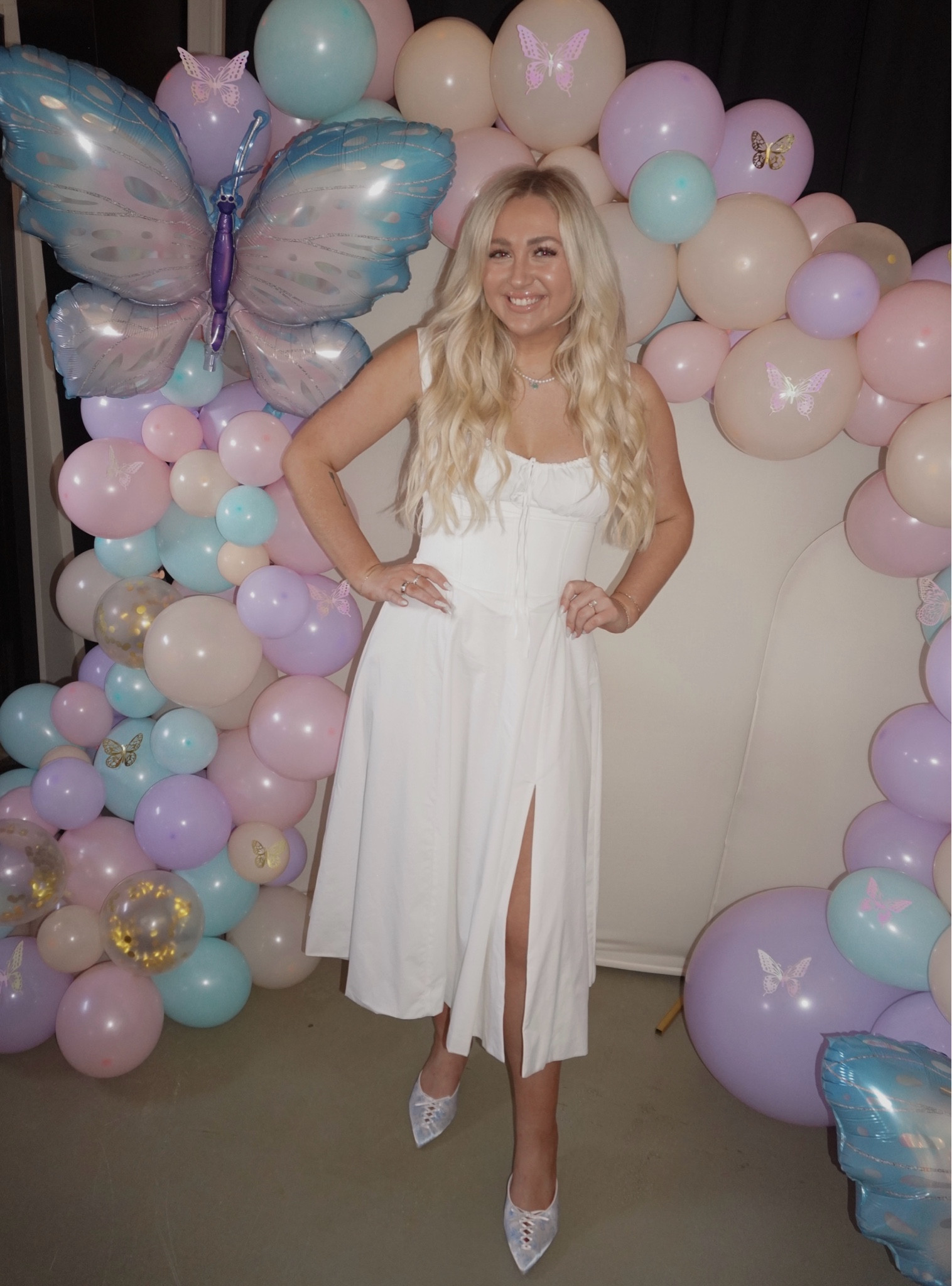 Wearing a large in the dress 
Bridal shower white dress something blue shoes 

#LTKSpringSale #LTKmidsize #LTKwedding