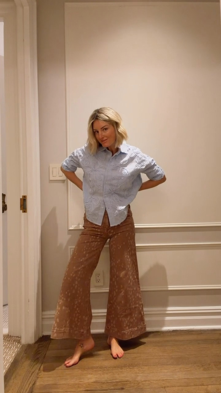 A few items I got while shopping in New York! Love the details on this striped blouse & these printed pants are so fun! I love to mix patterns, so I would definitely wear this as an outfit! Wearing XS/26!

Loverly Grey, Anthropologie, wide leg jeans, spring outfit, mixing prints, spring looks 

#LTKSeasonal