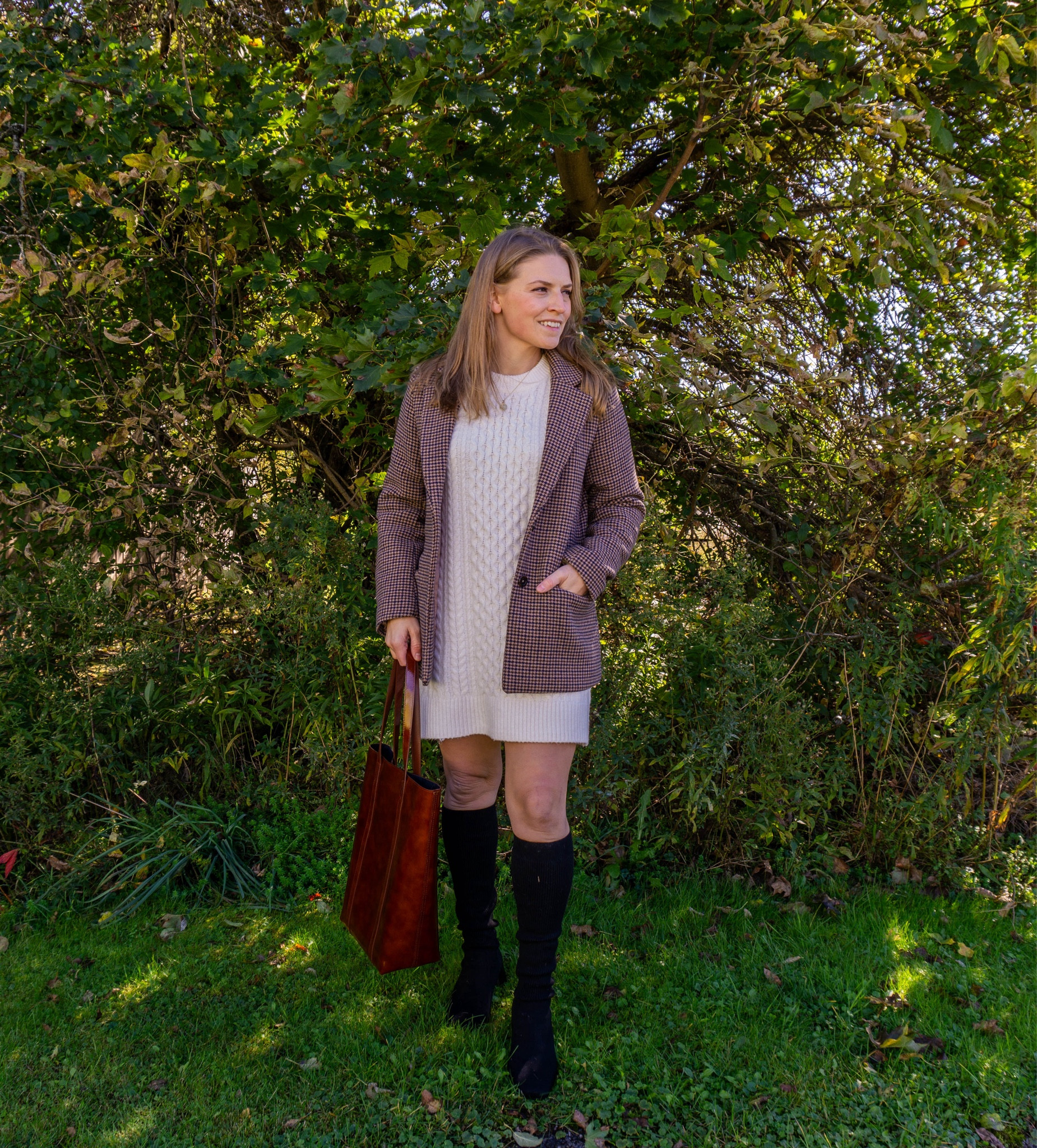 This outfit felt very “me.” Sweater dresses tend to move in and out of style but my love for them in unending. Everything fits true to size. Tote is one of my favorite purchases this fall! And these shoes would be excellent for travel or long work days. 

Black boots, tall boots, stretchy calf boots, cable knit sweater dress, leather tote, plaid blazer 

#LTKSeasonal #LTKWorkwear #LTKShoeCrush