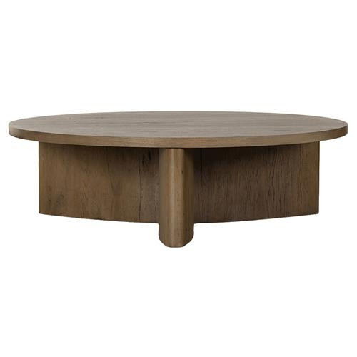 Teddie Rustic Lodge Grey Oak Wood Round Coffee Table | Kathy Kuo Home