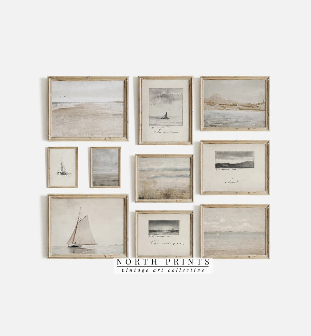 Coastal Gallery Wall Art SET Digital Prints Vintage Seaside Sailboat Neutral Tones PRINTABLE Nort... | Etsy (US)