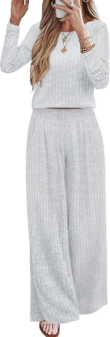 Ybenlow Women's Two Piece Lounge Sets Pajamas Outfits Long Sleeve Ribbed Knit Crop Top Loose Wide... | Amazon (US)