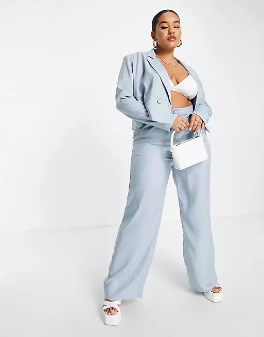 Missguided Plus pleated wide leg pants and crop blazer in blue | ASOS (Global)