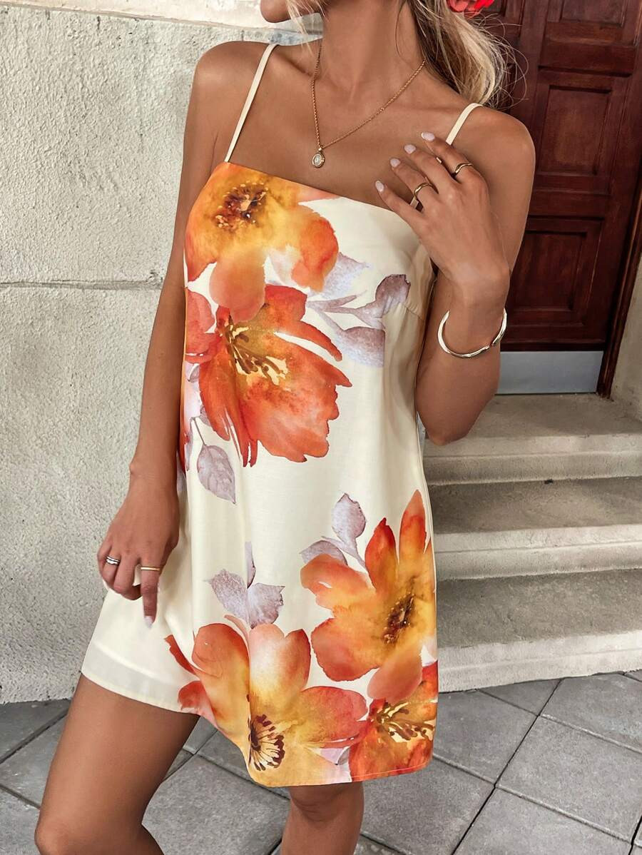 SHEIN Frenchy Summer Boho Holiday Vacation Holiday Orange And White Floral Print Mini Dress For W... | SHEIN