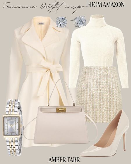 A feminine neutral outfit for any occasion. Cream pumps, tweed skirt, silver and gold accessories and a cream handbag. 

#LTKover40 #LTKfindsunder100 #LTKstyletip