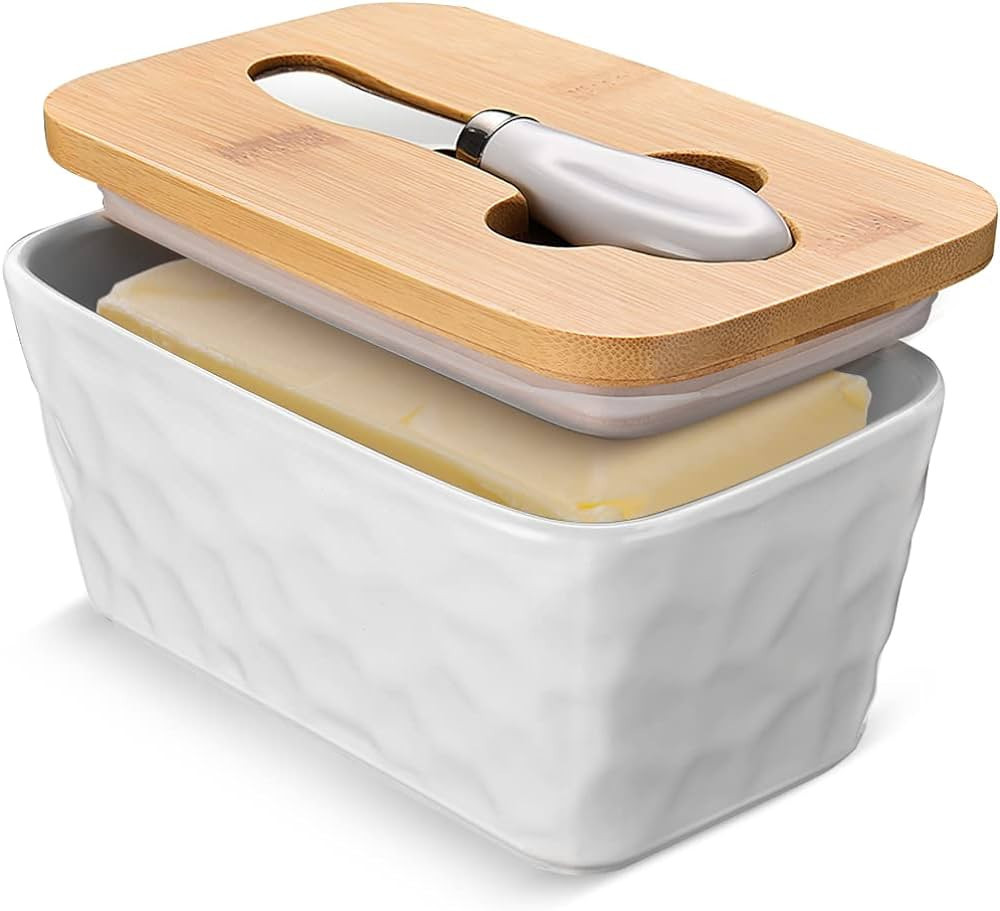 Large Butter Dish with Lid for Countertop Porcelain Butter Container with Knife Double Silicone S... | Amazon (US)