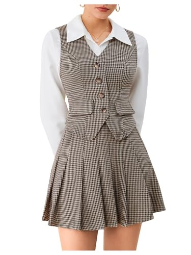 Milumia Women's Plaid Skirt Sets 2 Piece Outfits Blazer Vest Top and Pleated Mini Skirt Suit Grey | Amazon (US)