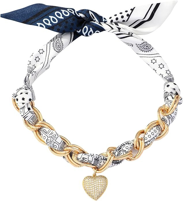 Scarf Necklace for Women Bandana Necklace with Gold Plated Pendant Heart,Cross,Moon, Fashion Jewe... | Amazon (US)