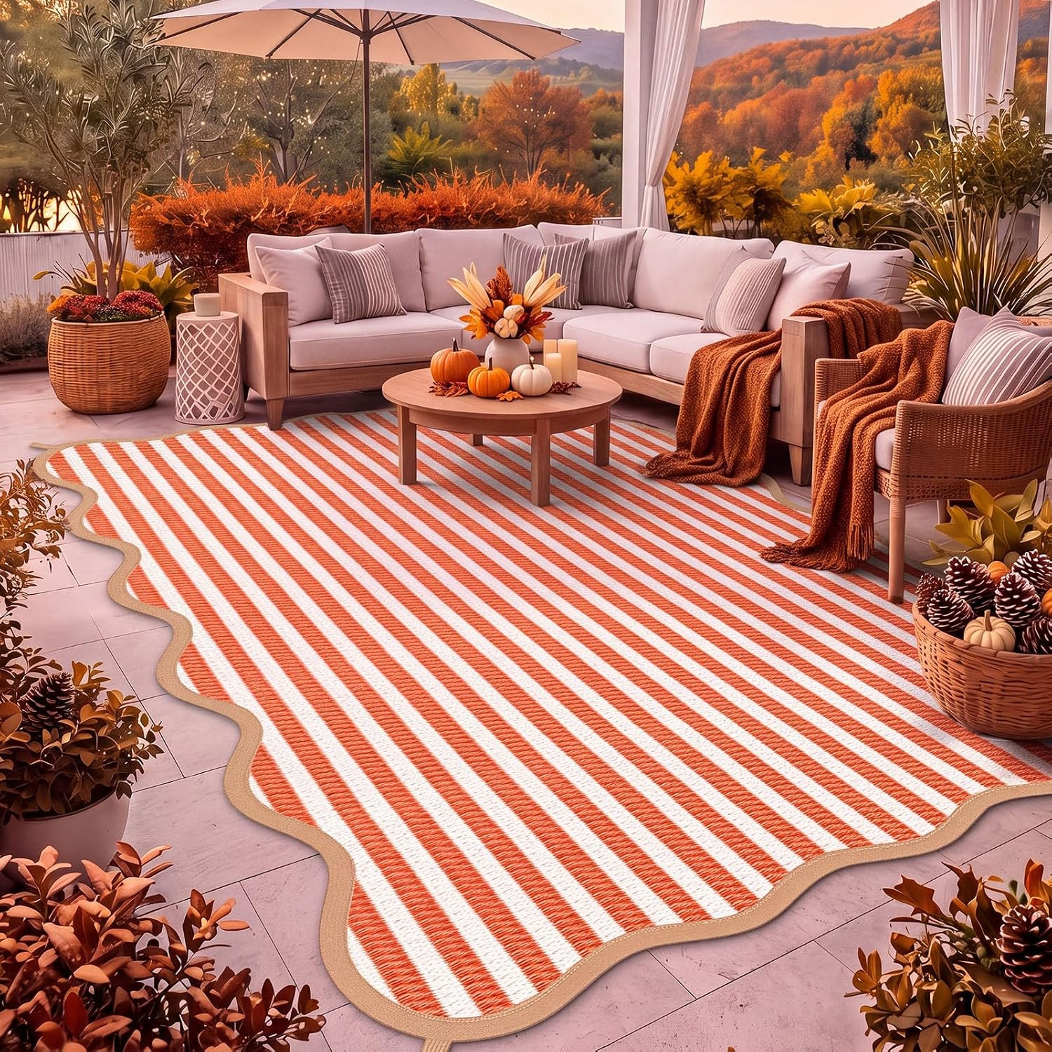 Fall Striped Outdoor Rug 4x6 ft Plastic Straw Mat for Porch | Amazon (US)