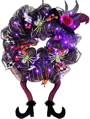 Lulu Home Halloween Wreath, 30 LED Purple Lighted Front Door Wreath with Witch Hat Leg Mesh Decor... | Amazon (US)