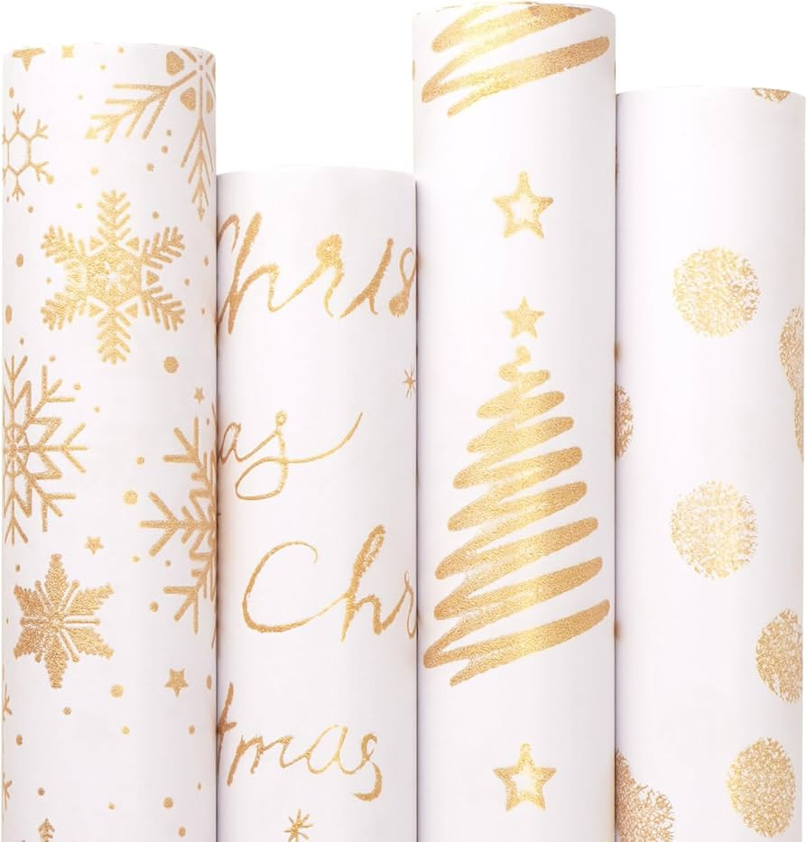 Ribbli White Gold Merry Christmas Wrapping Paper 4 Rolls Snowflake Merry Christmas Tree Pattern w... | Amazon (US)