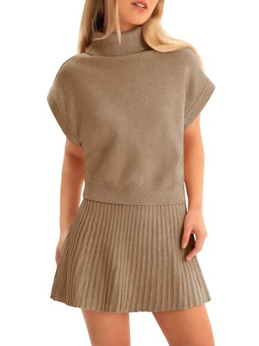 Tankaneo Womens Skirt 2 Piece Sets Sweater Set 2025 Turtleneck Cap Sleeve Crop Top and Pleated Mini Skirt Travel Outfits Khaki | Amazon (US)