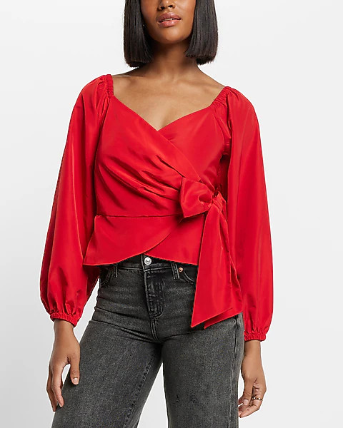 V-Neck Balloon Sleeve Wrap Tie Waist Top | Express