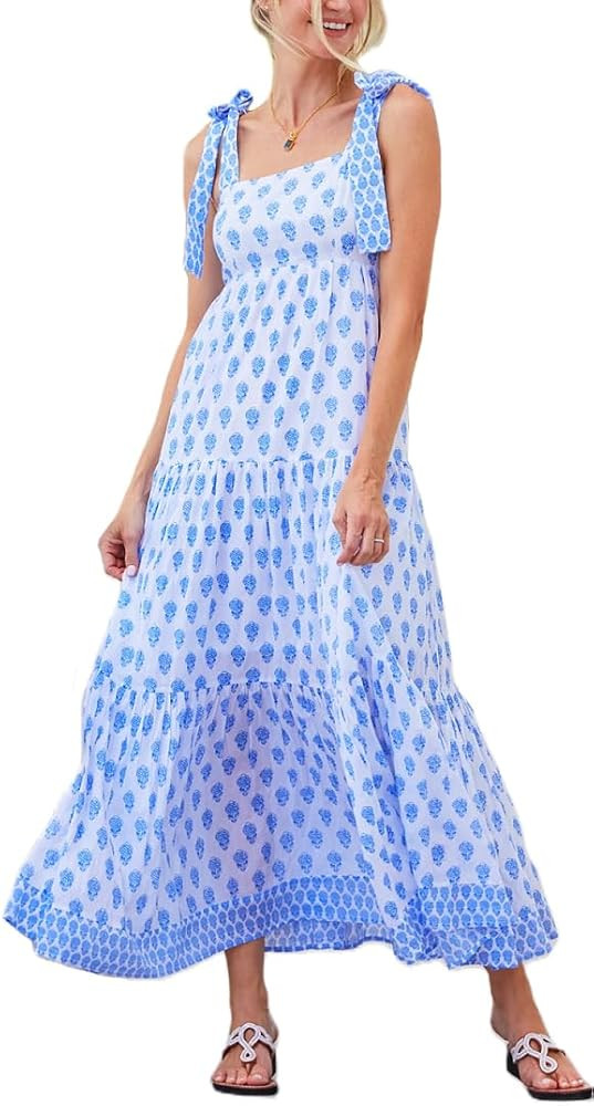 Women Boho Tie Shoulder Dress Y2k Floral Smocked Long Flowy Dresses Cute Summer Beach Spaghetti S... | Amazon (US)