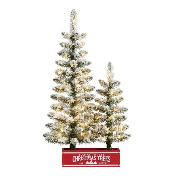 Holiday Time 3ft Pre-lit Flocked Farmhouse Christmas Tree Set, Warm White Micro LED, Green, 3' - ... | Walmart (US)