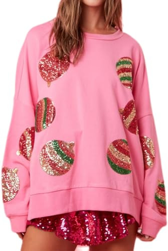 Christmas Sweatshirts for Women Merry and Bright Sequin Ornament Ugly Sweaters Y2k Sparkly Graphic Pullover Tops | Amazon (US)