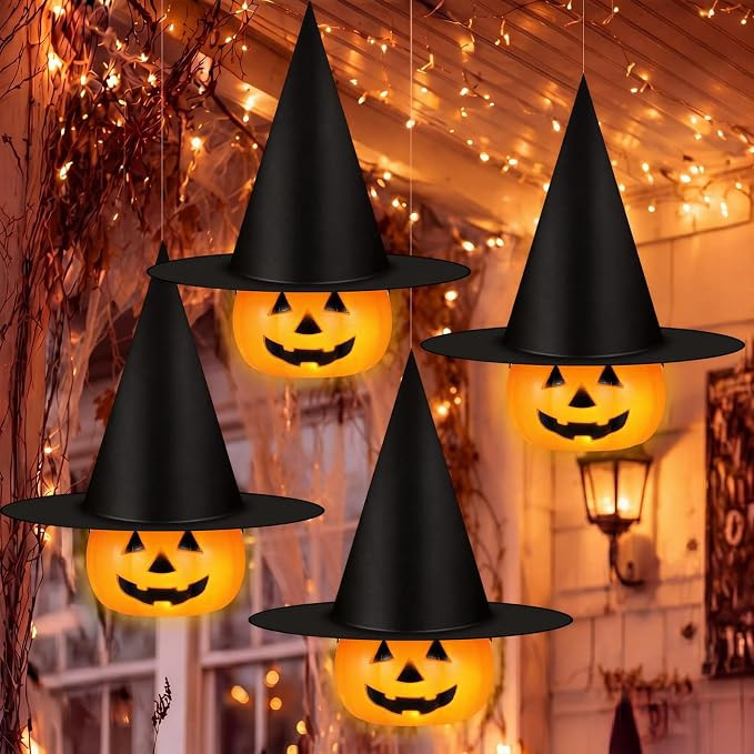4 Sets Halloween Witch Hat Ornament Hanging Decorations Large Witch Hat with Lighted Pumpkin Orna... | Amazon (US)