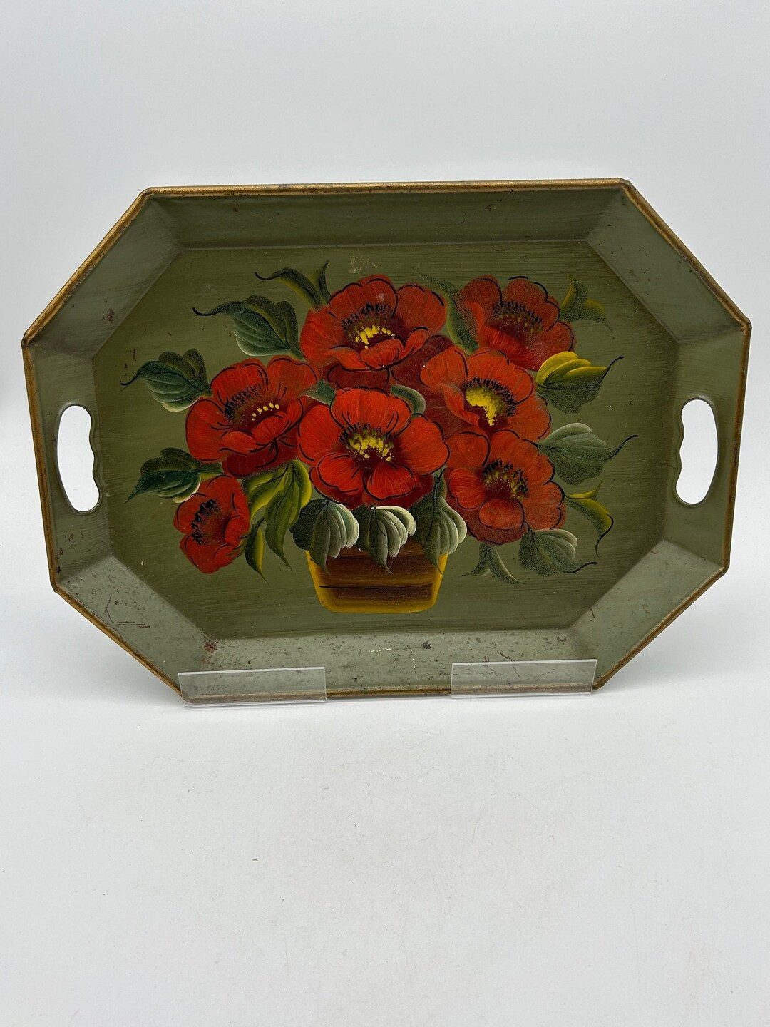 Vintage Handpainted Green and Red Floral Decorative Metal Serving Tray 18 X 13 - Etsy | Etsy (US)