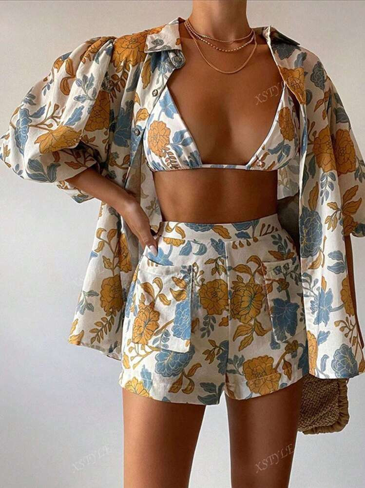 New 3pcs/Set Vacation Style Casual Women Fashion Printed Shirt, Camisole And Shorts Set | SHEIN