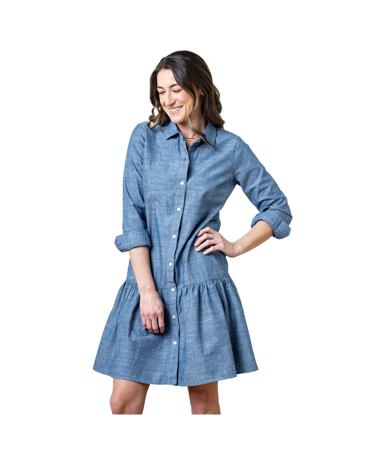 Hope & Henry Women's Organic Chambray Long Sleeve Drop Waist Shirt Dress - Blue chambray | Macy's