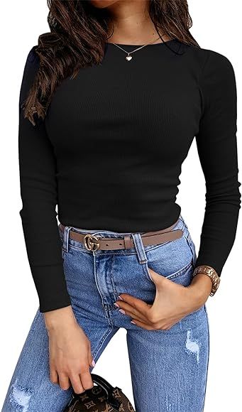 Lynwitkui Women's Long Sleeve Stretch Slim Fitted Ribbed T-Shirt Blouse Cut Out Solid Basic Tops | Amazon (US)