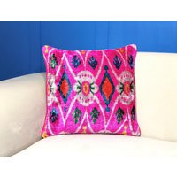 Square Pink Ikat Velvet Pillow Bohemian Cushion Cover | Etsy (US)