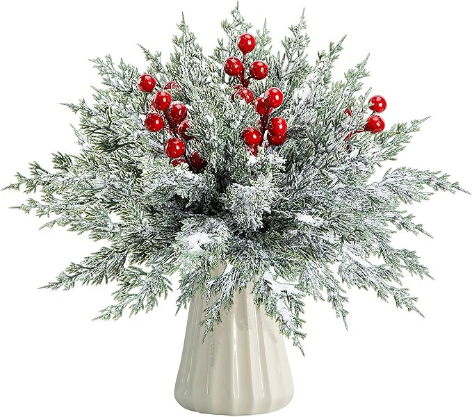 45 Pcs Artificial Christmas Snow Pine Branches with Red Berry Stems, Snowy Faux Greenery Norfolk ... | Amazon (US)