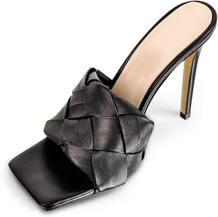 LISHAN Women's Stiletto Slip On Square Open Toe Weave Mule Classic Sandal Heeled slides High Heel... | Amazon (US)