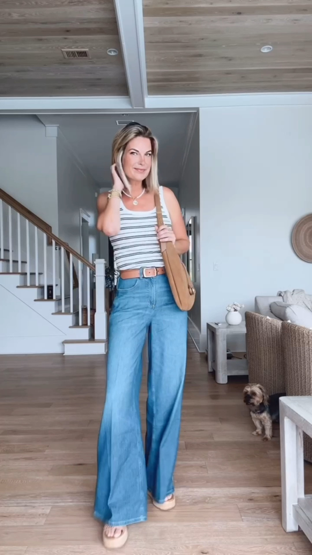 Use my new customer discount code on these extra wide leg elastic waist jeans and the tank - RACHELXSPANX. I am 5’11” wearing small tall (with a platform) and small in the top. Sandals true to size.   Bag is on sale for the NSALE.

#LTKSaleAlert #LTKTall #LTKootd