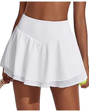 PINSPARK Womens Pleated Tennis Skirt Double Ruffle Golf Skort Tummy Control Athletic Skirts with ... | Amazon (US)