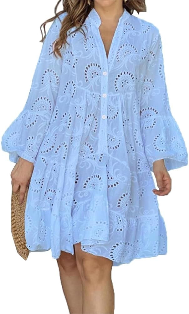 Hollow Elegant Dresses for Women Solid V Neck Flared Sleeve Vintage Cocktail Dresses Loose Casual... | Amazon (US)