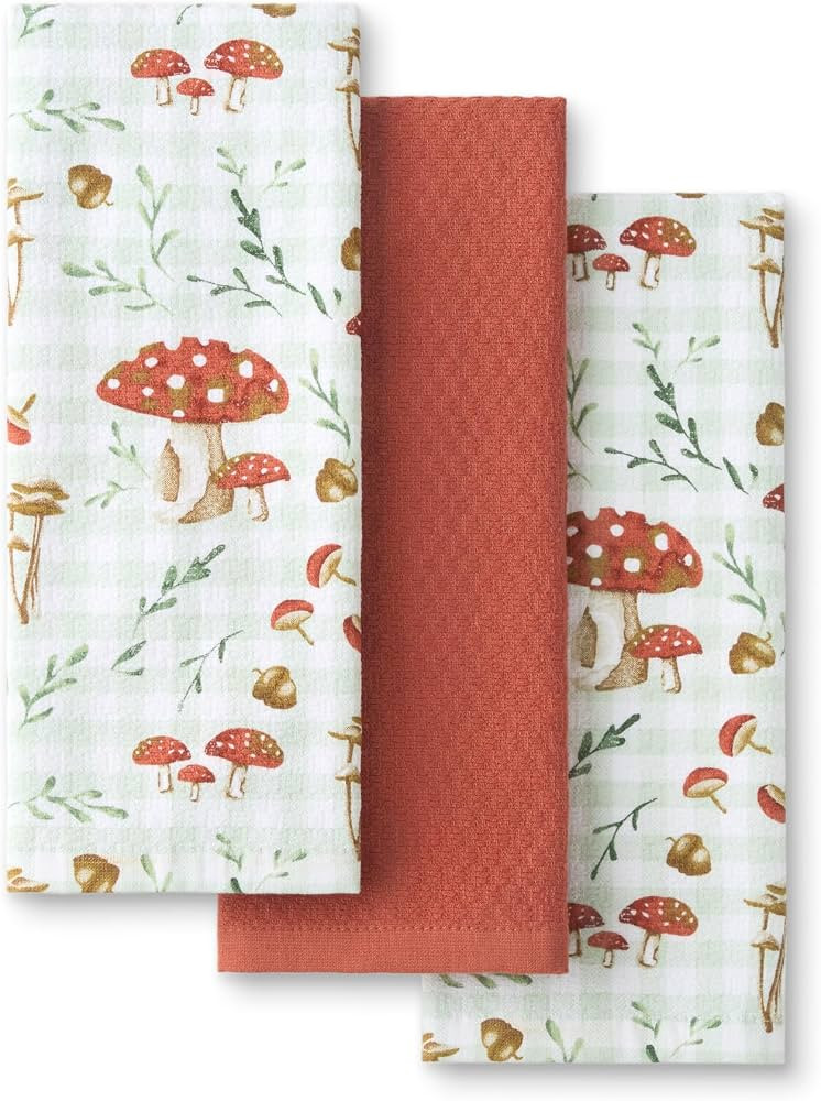 Martha Stewart Autumn Harvest Mushroom Plaid Kitchen Towel 3-Pack Set, 100% Cotton with Absorbent... | Amazon (US)