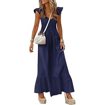 PRETTYGARDEN Women's 2026 Summer Casual Maxi Dresses Cap Sleeve V Neck Smocked Long Pockets Party... | Amazon (US)