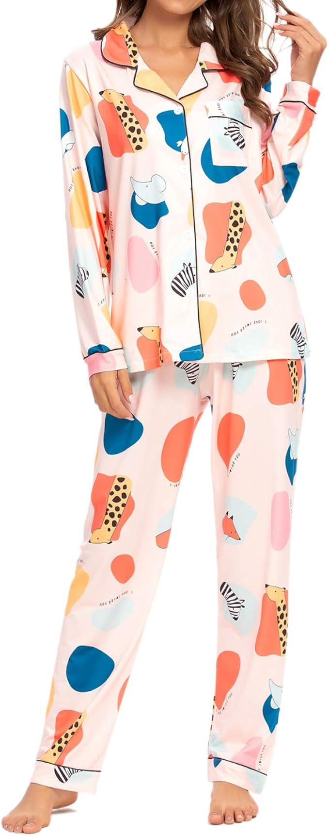 Pajamas for Women Pjs Set Button Down Pajama Floral Long Sleeve Sleepwear Lady Nightwear Soft Lou... | Amazon (US)