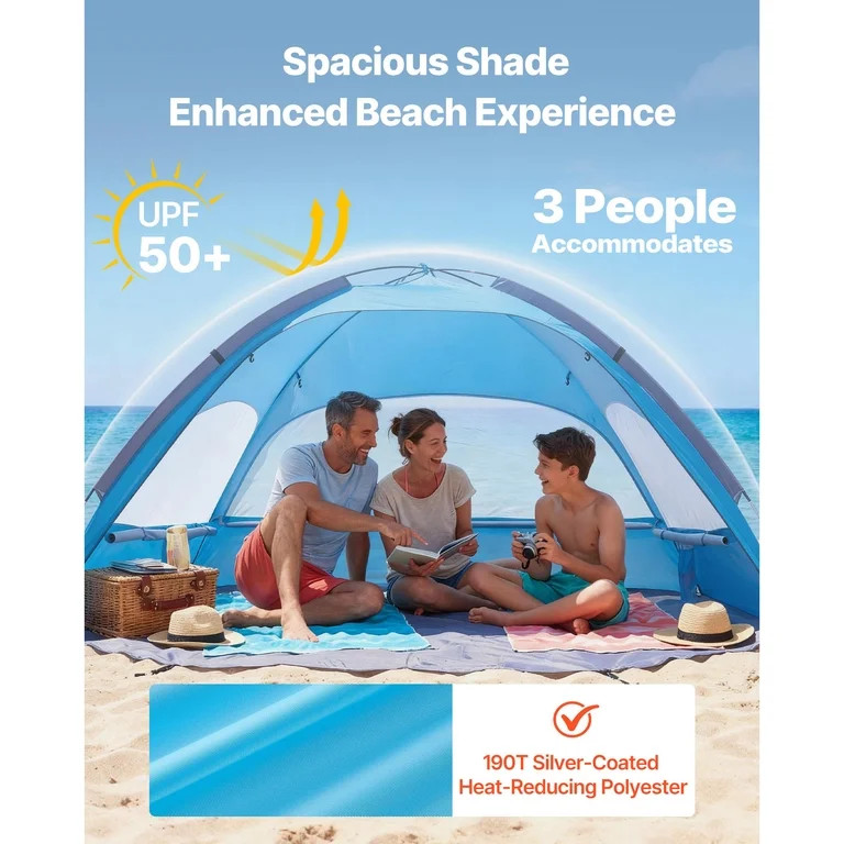 KFFKFF Beach Tent Sun Shelter for 3 People, UPF 50+ Sun Protection, Portable Canopy with Carry Ba... | Walmart (US)