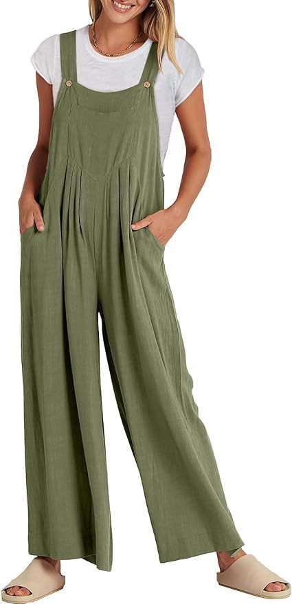 ANRABESS Womens Jumpsuits Overalls Wide Leg Casual Summer Outfits Linen Rompers Jumpers Sleeveles... | Amazon (US)