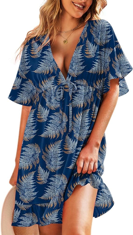 AI'MAGE Swimsuit Cover Ups Women's Bathing Suit V Neck Ruffle Sleeve Soft Coverups Dress | Amazon (US)