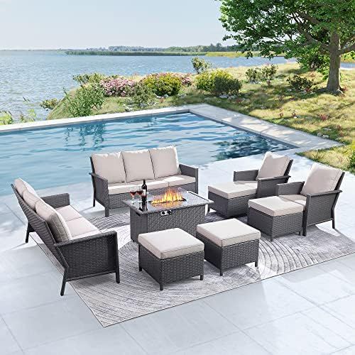 9-Piece Outdoor Patio Furniture Set with 44“ Fire Pit Table, Outdoor Sectional Rattan Sofa Wicker Ra | Amazon (US)