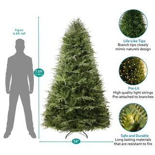 7.5 ft Realistic Hinged Prelit Artificial Christmas Tree with Foot Pedal, 2755 Branch Tips, 600 Warm Lights and Stand | The Home Depot