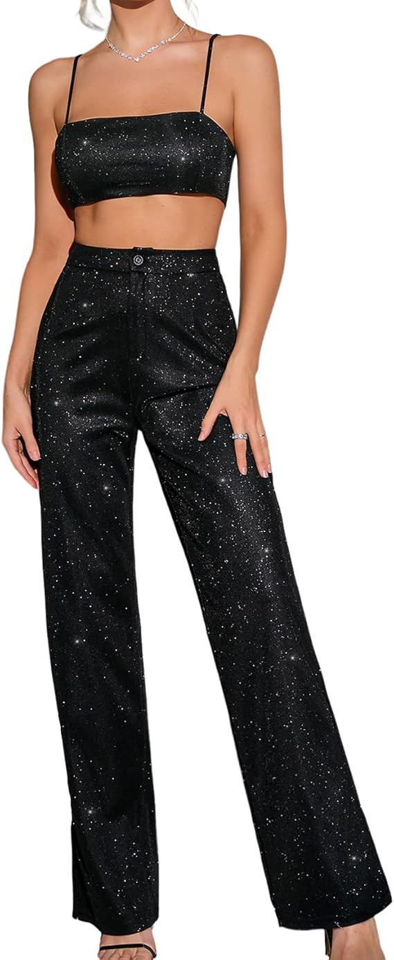 Colysmo Women's Two Piece Outfit Sparkle Sequin Sleeveless Cami Crop Top Bling Glitter High Waist St | Amazon (US)