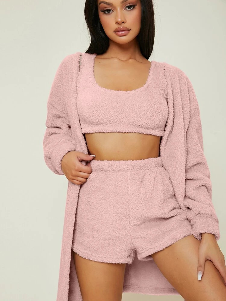 3pcs Solid Drop Shoulder Open Front Flannel Robe Lounge Set | SHEIN