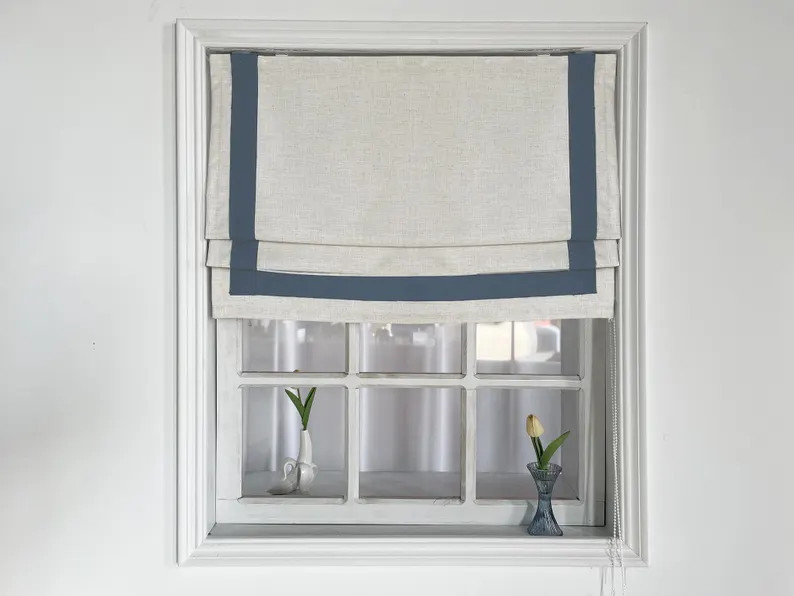 Linen Roman Shades With Blue Border, Cording or Cordless System, Blackout or White Lining - Etsy | Etsy (US)
