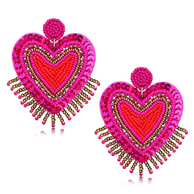 Bead Dangle Earrings for Women Girls Heart Beadeds Dangle Earrings Valentine's Day Rhinestone Hea... | Amazon (US)