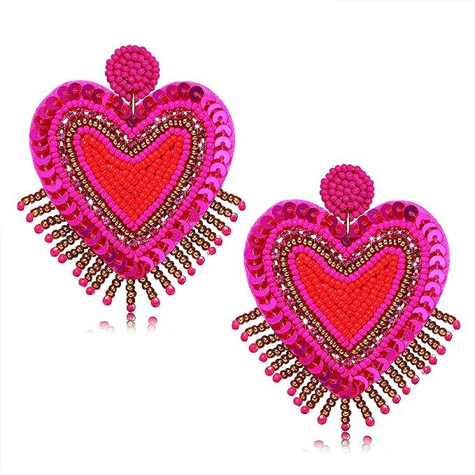 Bead Dangle Earrings for Women Girls Heart Beadeds Dangle Earrings Valentine's Day Rhinestone Hea... | Amazon (US)