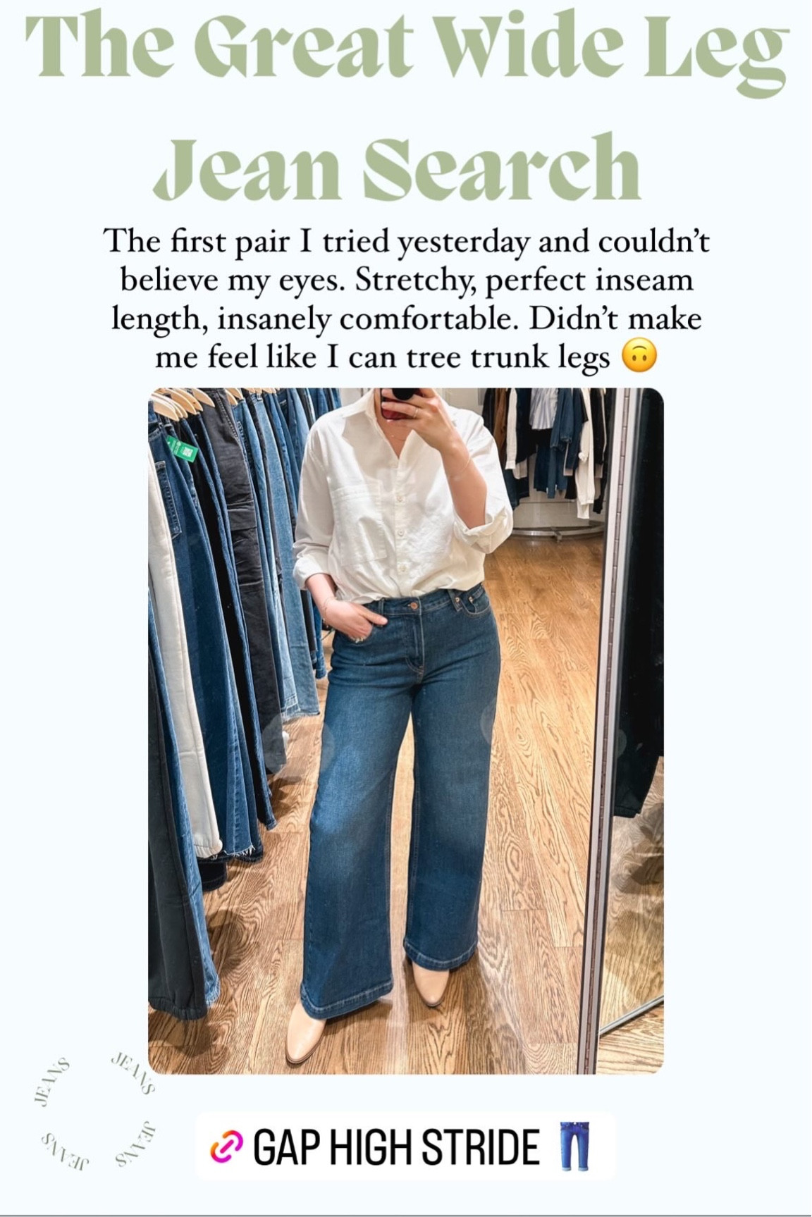 The wide leg jeans that had me in shock and needed confirmation from my sister and best friend  

In a size 29, 30 also fit but had a baggier leg and would look good if you’re into that “cool girl” slouchy vibe  